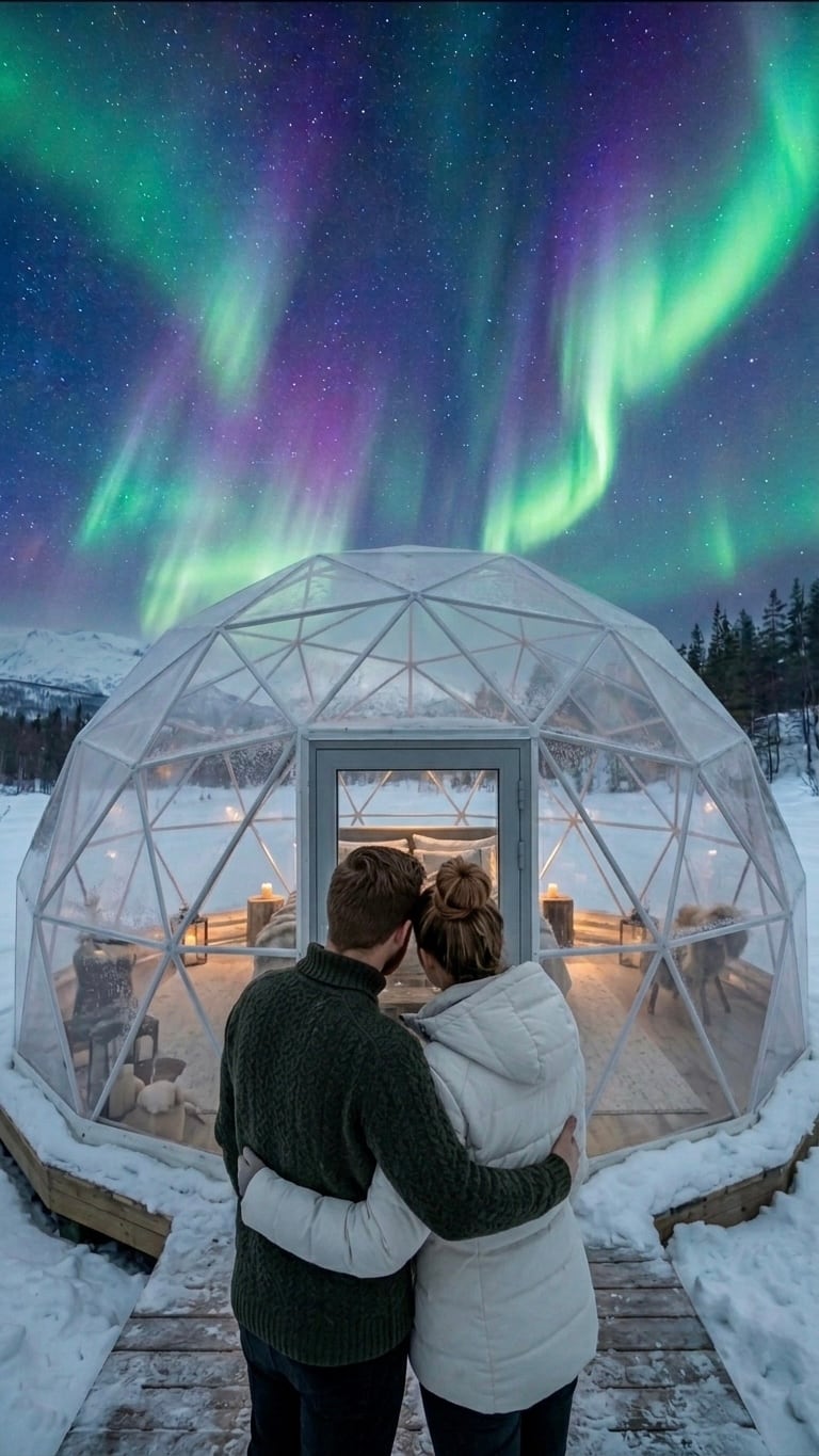 Pareja abrazada frente a un iglú de cristal bajo una aurora boreal en Islandia