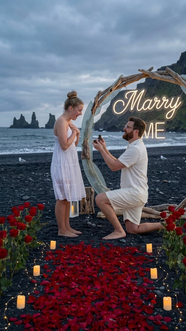 Montaje de pedida de mano con arco de luces, letrero Marry Me, rosas rojas y velas en la playa al atardecer